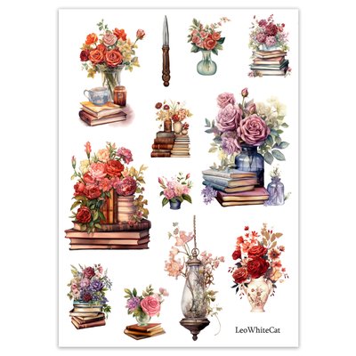Сет наліпок LeoWhiteCat Books and flowers 10х15 см