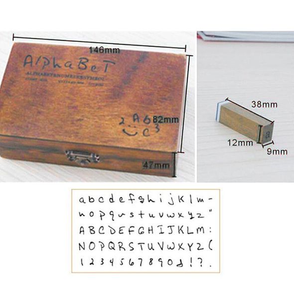 Набір дерев'яних штампів Рукописні літери та цифри 70 шт в скриньці 15X8X5 см